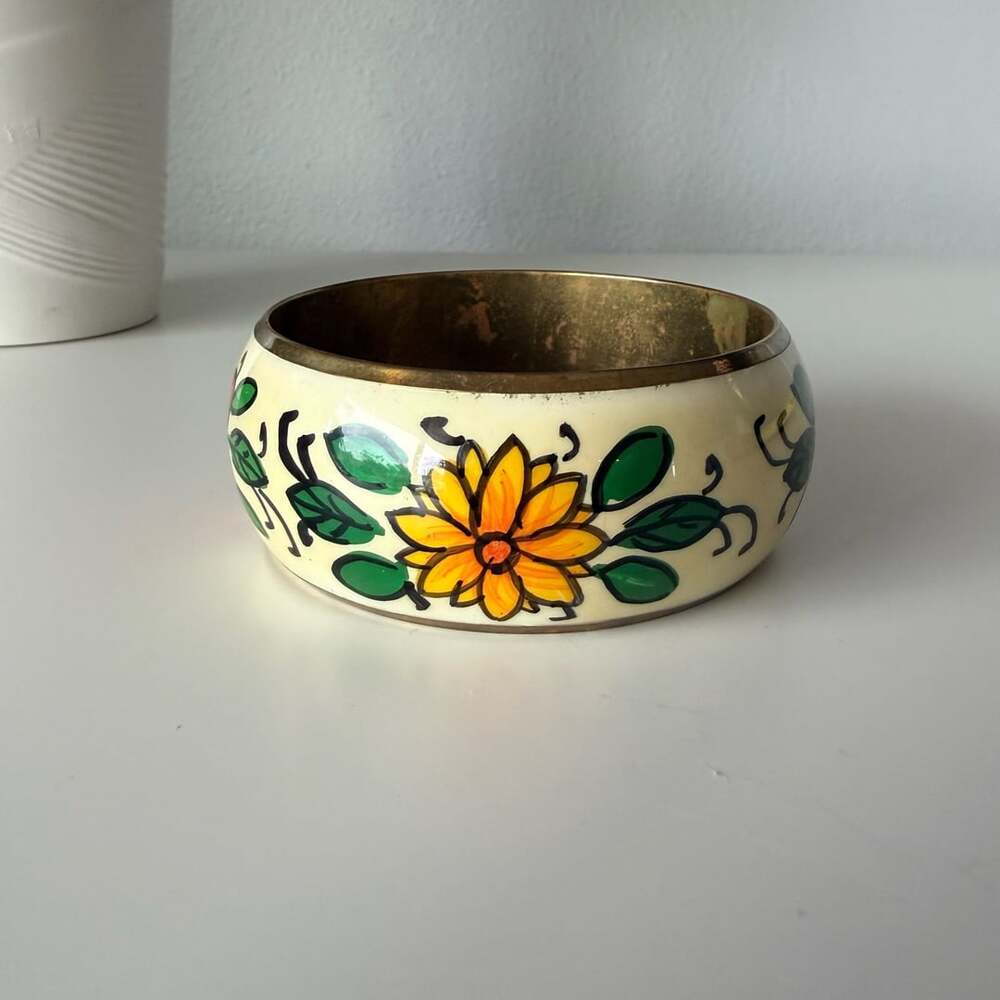 Vintage Hand Painted Floral Enamel Brass Bangle Bracelet with Heart Cutout